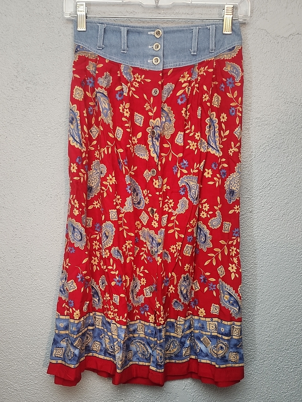 Red Floral Maxi Skirt with Denim Waist
